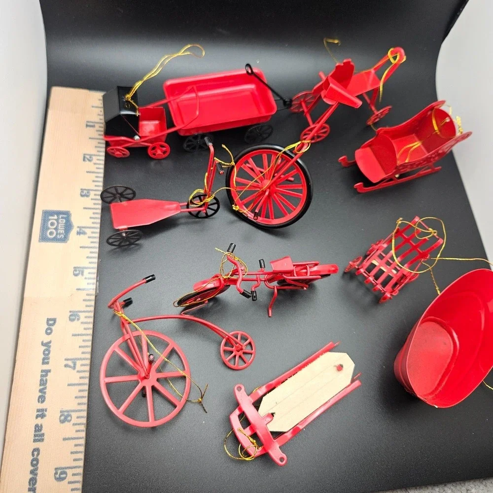 Vintage Red Metal Miniature Vehicles & Sled Christmas Ornaments Lot of 11 Taiwan